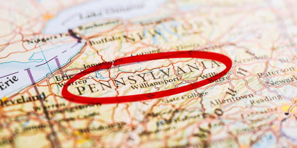 Road map with state of Pennsylvania circled